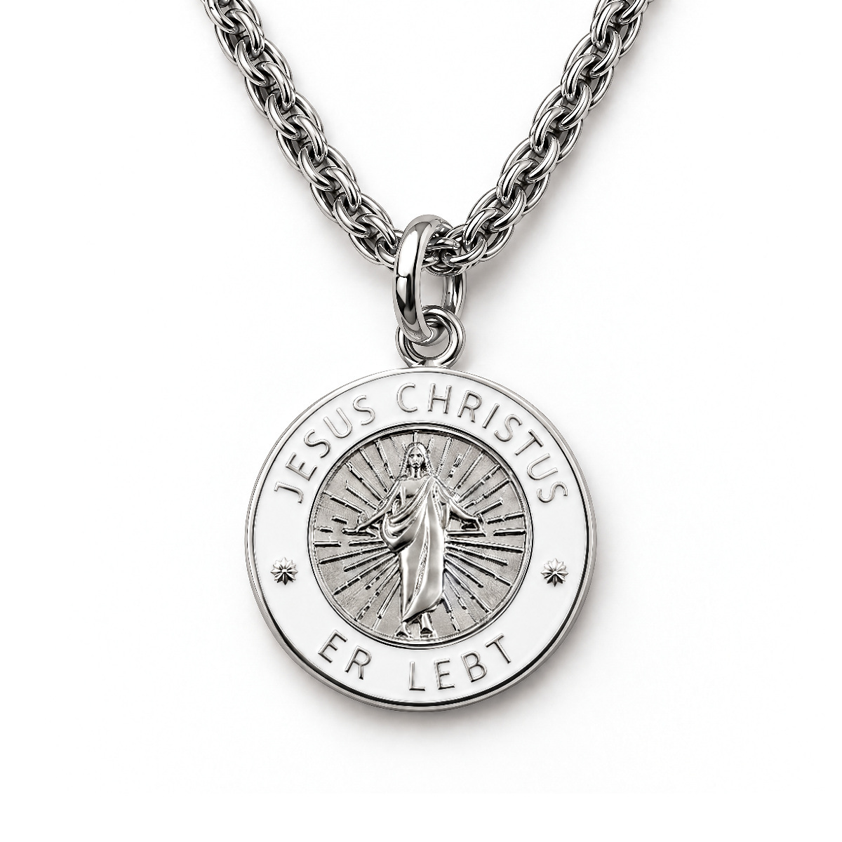 Silver Jesus Christ He Lives language necklace in German on premium chain