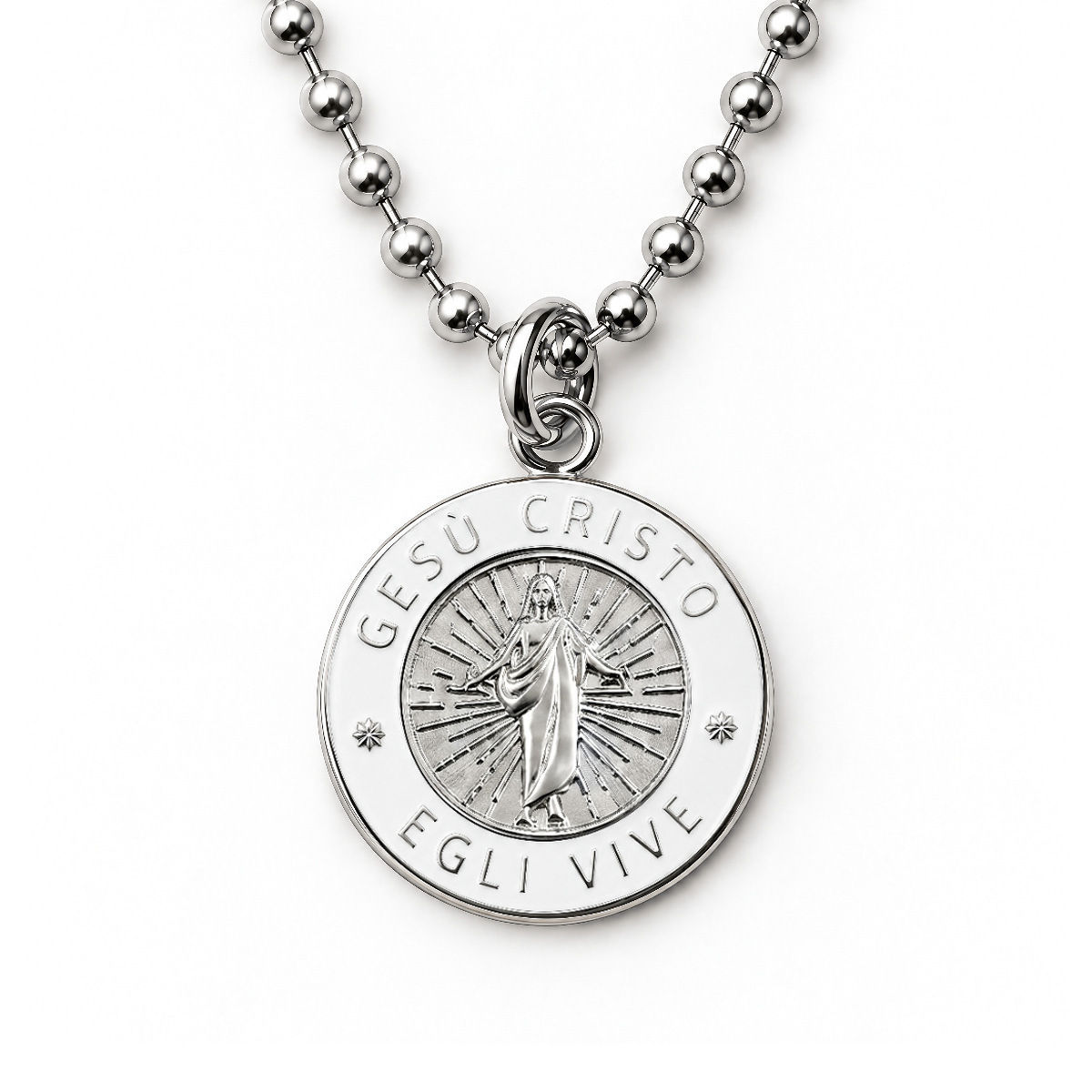 Silver Jesus Christ He Lives language necklace in Italian on ball chain