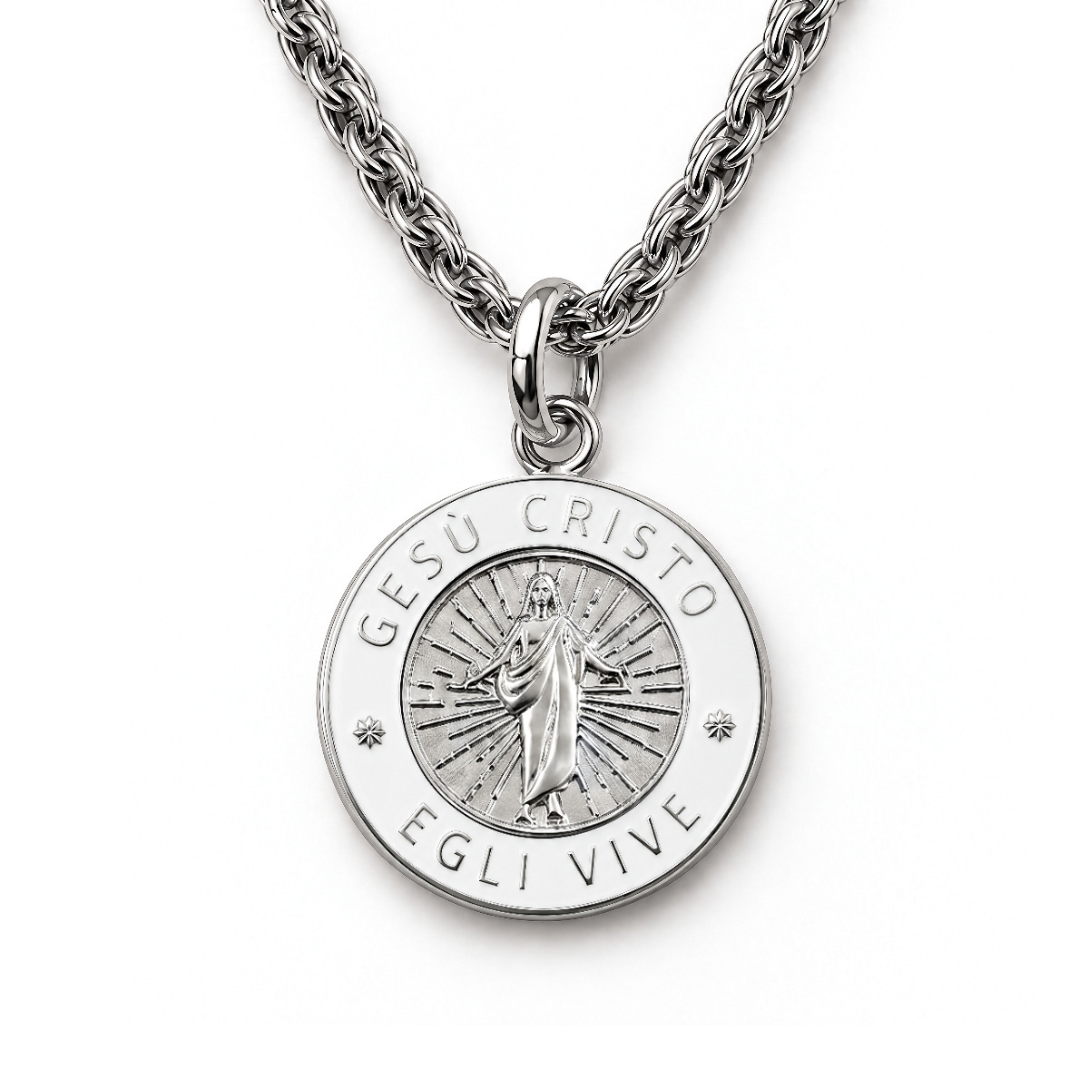 Silver Jesus Christ He Lives language necklace in Italian on premium chain