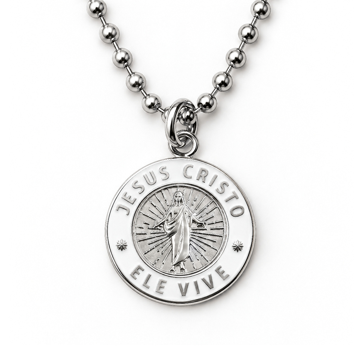 Silver Jesus Christ He Lives language necklace in Portuguese on ball chain