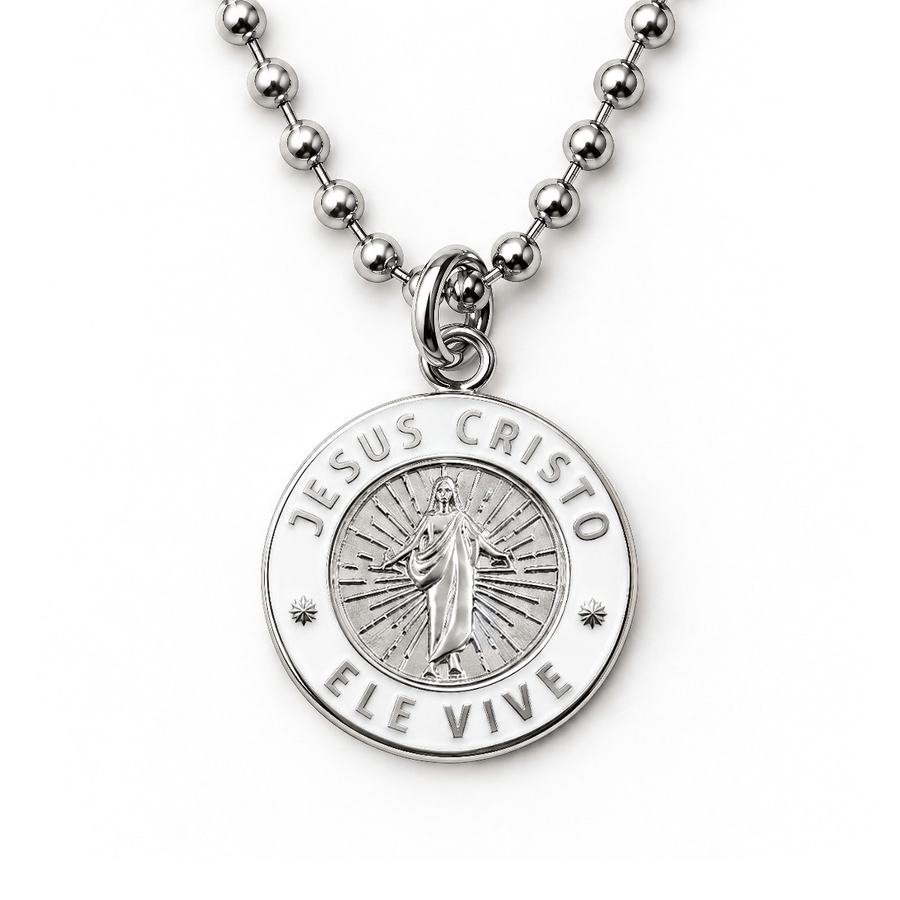 Silver Jesus Christ He Lives language necklace in Portuguese on ball chain