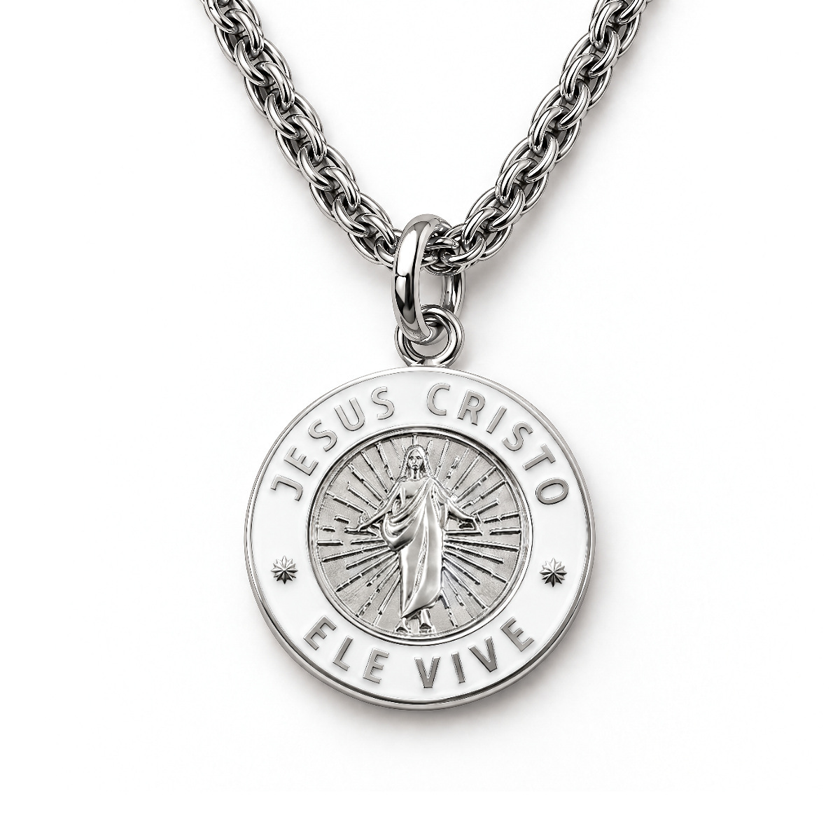 Silver Jesus Christ He Lives language necklace in Portuguese on premium chain