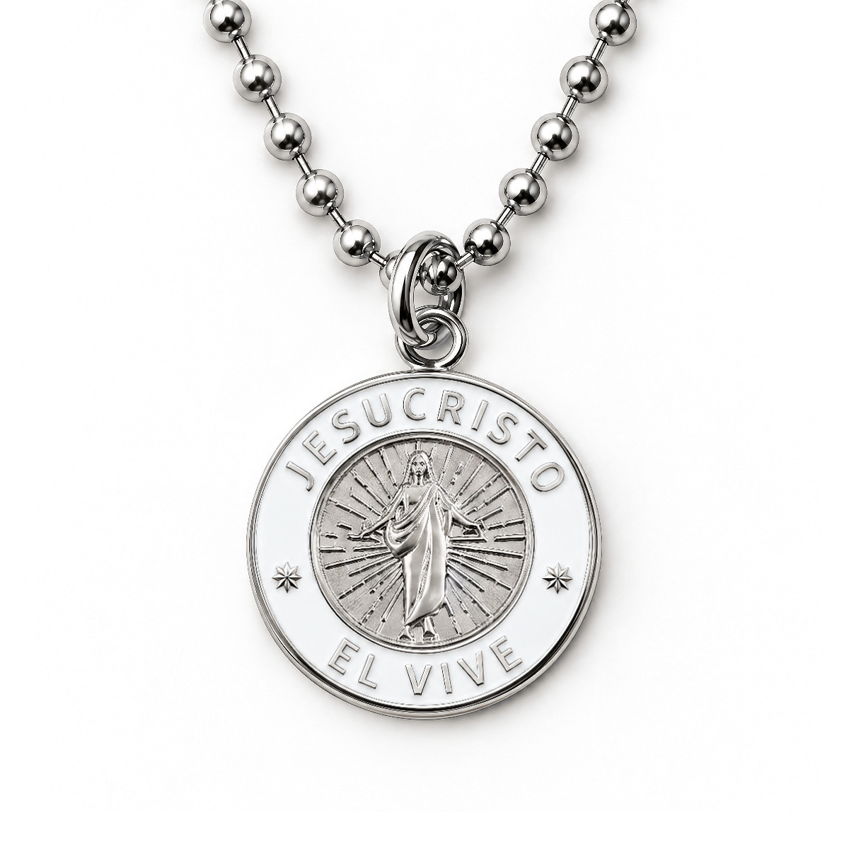 Silver Jesus Christ He Lives language necklace in Spanish on ball chain