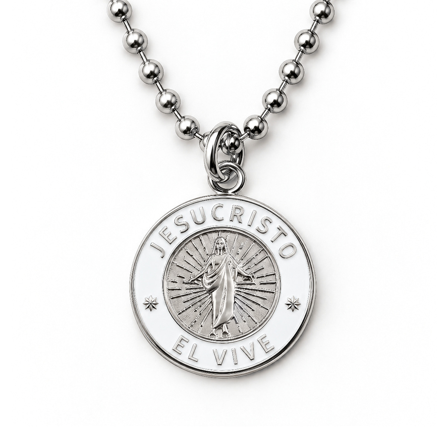 Silver Jesus Christ He Lives language necklace in Spanish on ball chain
