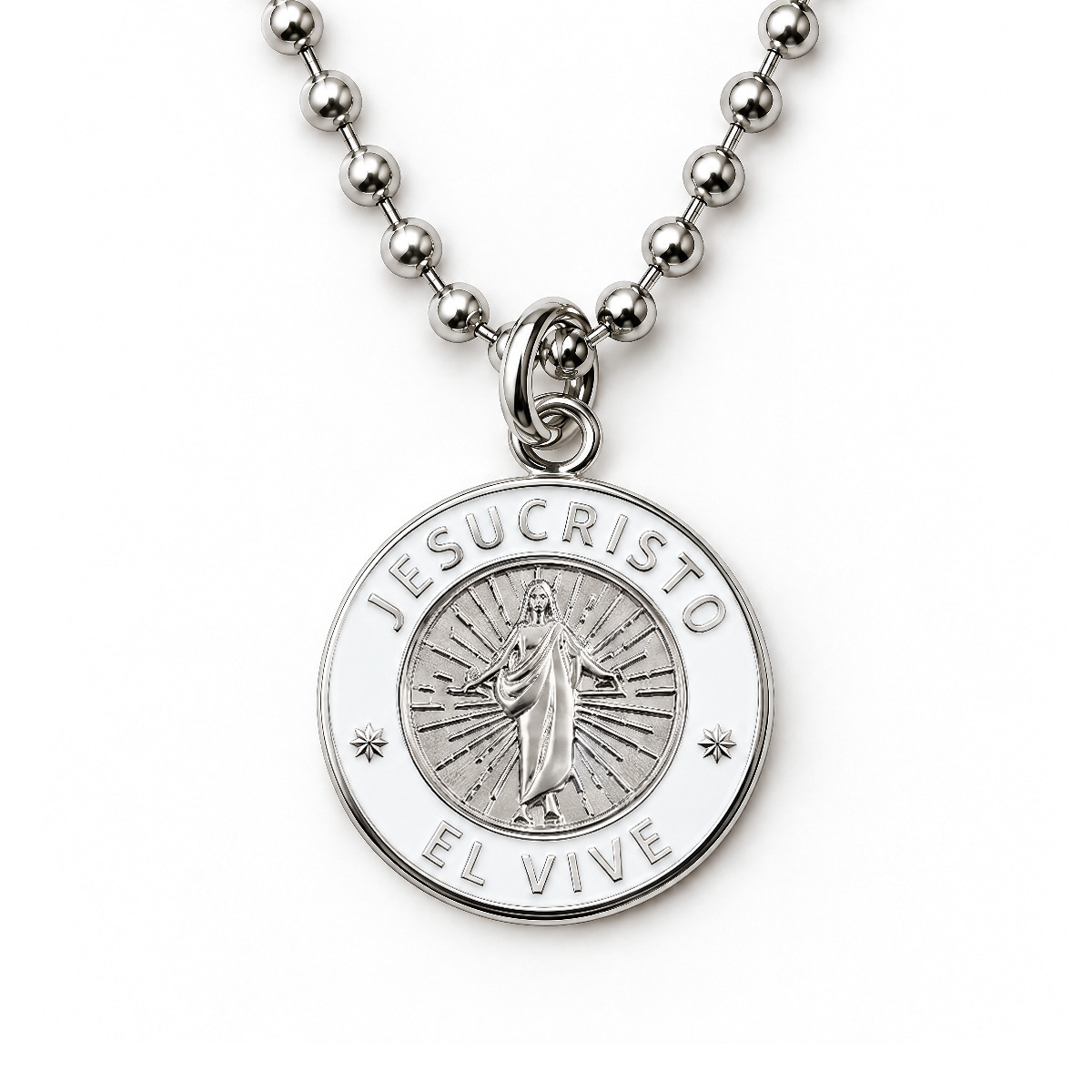 Silver Jesus Christ He Lives language necklace in Spanish on ball chain