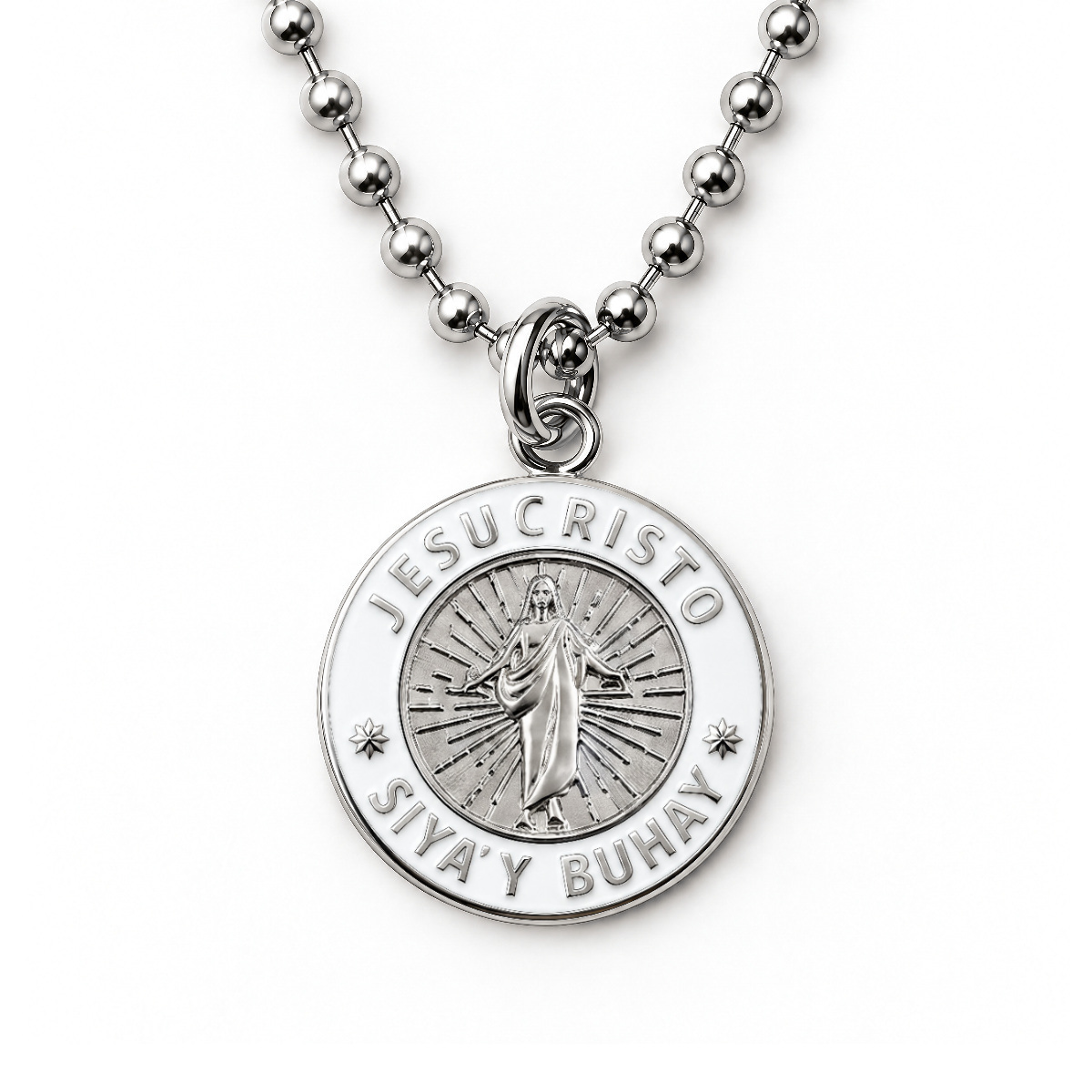 Silver Jesus Christ He Lives language necklace in Tagalog on ball chain
