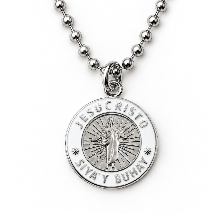 Silver Jesus Christ He Lives language necklace in Tagalog on ball chain
