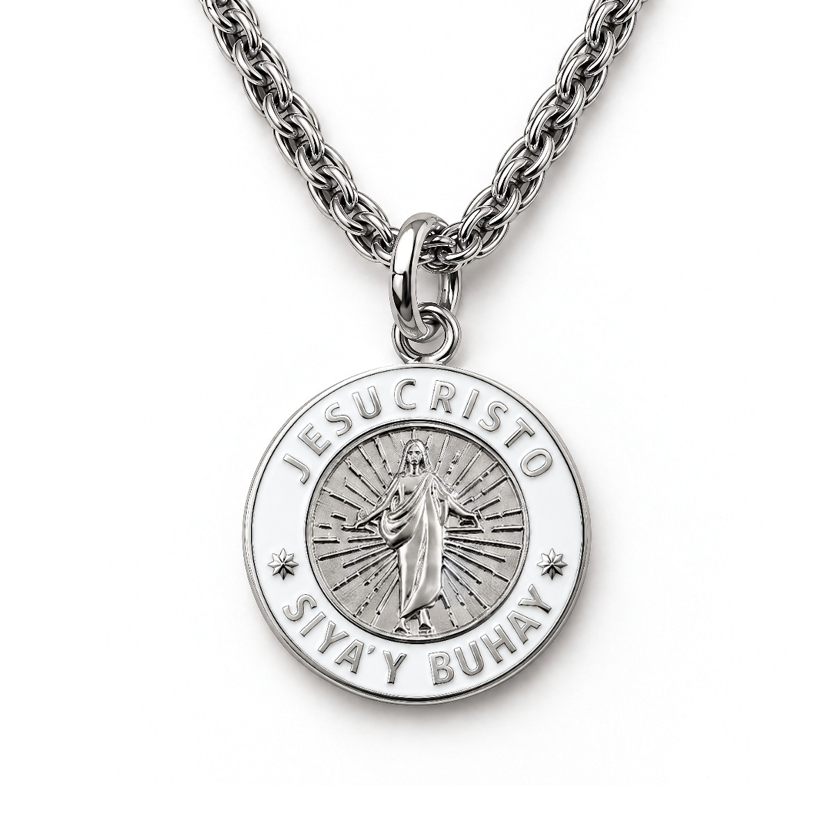 Silver Jesus Christ He Lives language necklace in Tagalog on premium chain