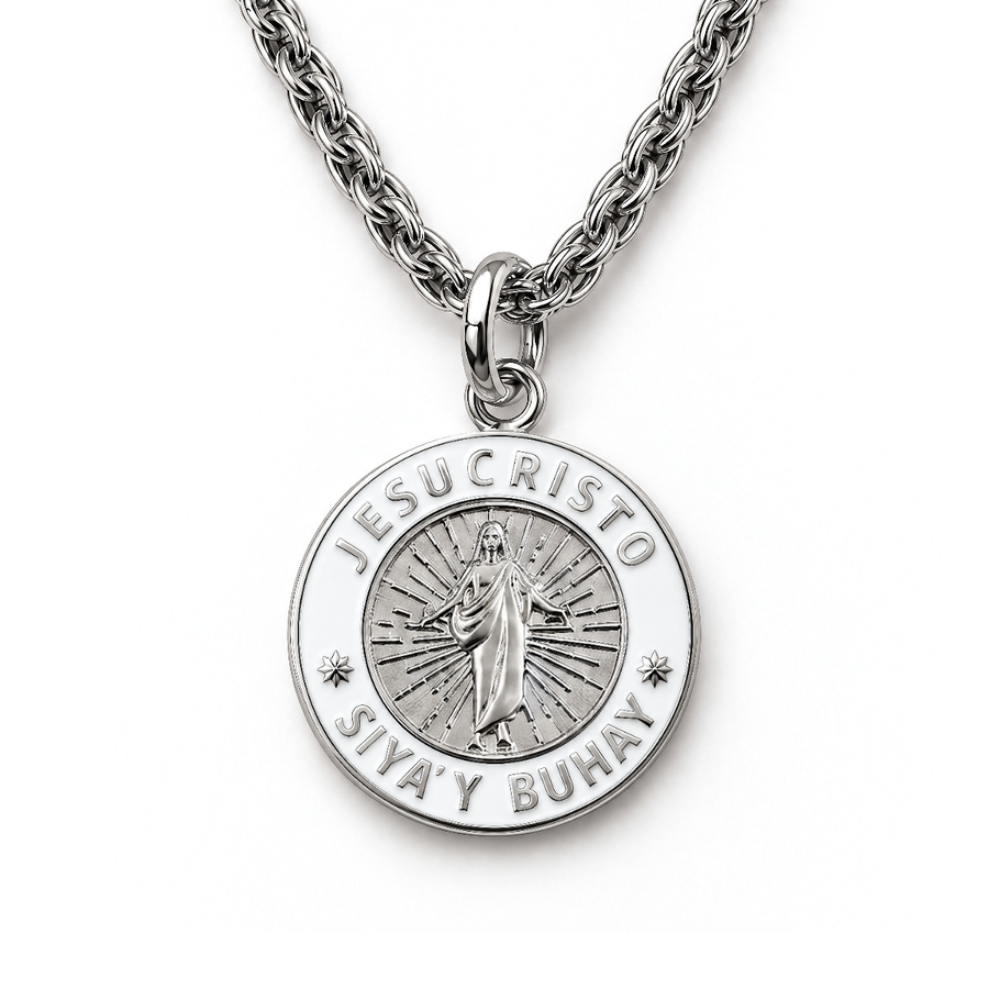 Silver Jesus Christ He Lives language necklace in Tagalog on premium chain